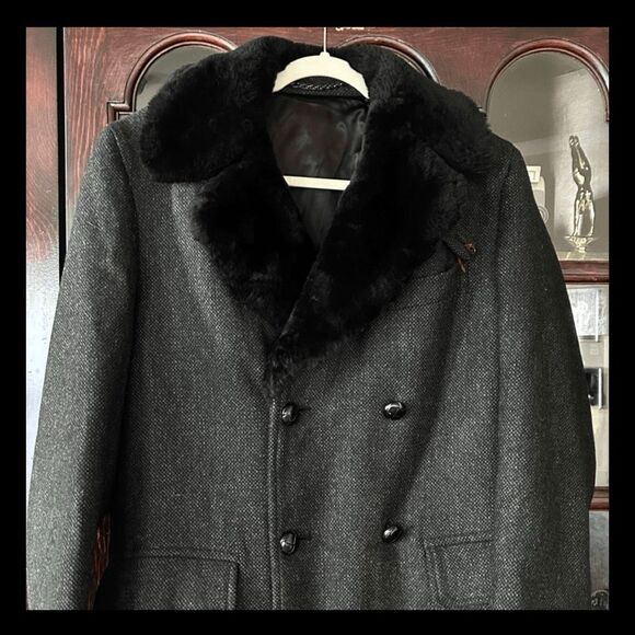 VTG 1940s Mens Heavy Wool Overcoat 41R Double Breasted Shearling Collar Mad Men - Picture 3 of 9